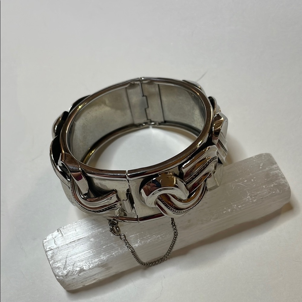 Vintage Unsigned Silver Tone Cuff Abstract Design Bracelet With Safety Chain